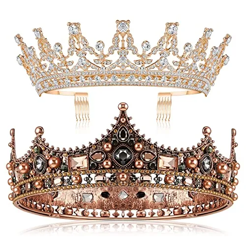 Juexica 2 Pieces King Crowns for Men Tiara and Crown for Women Baroque Vintage Headband for Prom Party Brides Halloween Costume(Retro Gold, Gold)