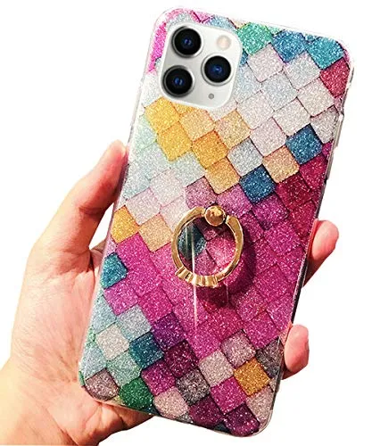 J.west Case for New iPhone 11 Pro Max Luxury Bling Glitter Rose Mermaid Scale Print Soft Phone Cover for Girls Women Clear Slim Design with Ring Stand Holder Protective Case for iPhone 11 Pro Max 6.5