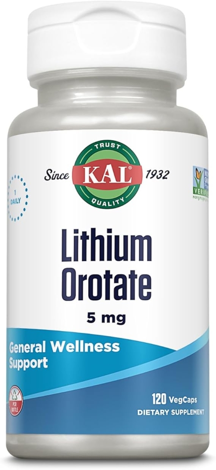 KAL Lithium Orotate 5 milligrams | Low Serving Of Chelated Lithium Orotate For Bioavailability and Mood Support | In Organic Rice Bran Extract Base | 120 VegCaps