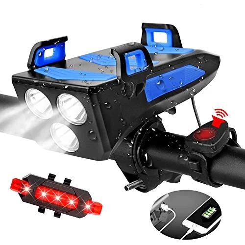 Kammoy Bike Lights Front and Back , 4 in 1 Rechargeable Waterproof USB Bicycle LED Light with Phone Holder, Bicycle Bell and Mobile Power for Men Women Kids Road Mountain Cycling (Blue(4000Mah)