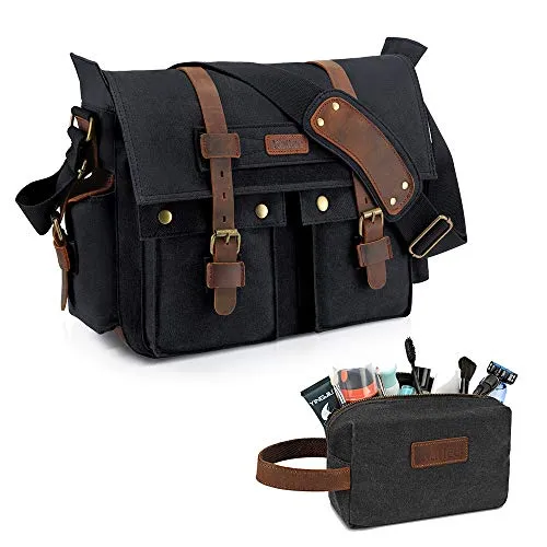Kattee Leather Canvas Camera Bag Vintage DSLR SLR Messenger Shoulder Bag Black and Men's Travel Toiletry Bag Canvas Leather Organizer Bag Black