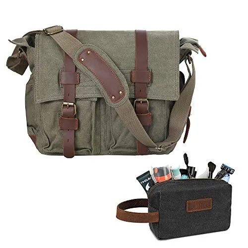 Kattee Leather Canvas Camera Bag Vintage DSLR SLR Messenger Shoulder Bag Army Green and Men's Travel Toiletry Bag Canvas Leather Organizer Bag Black