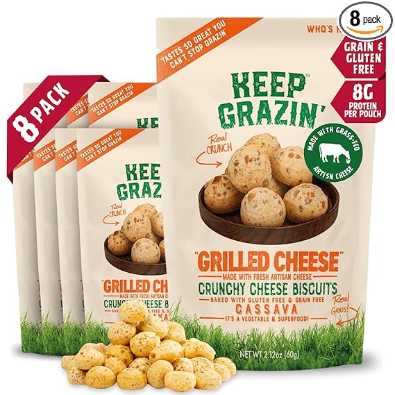 Keep Grazin Grain Free Crunchy Cheese Biscuits - Grilled Cheese Flavoured | 2.12 Ounce (Pack of 8) | Gluten & Sugar-Free, Non-GMO Protein Snacks - Baked with 100% Grass-Fed Cheese & Cassava Flour