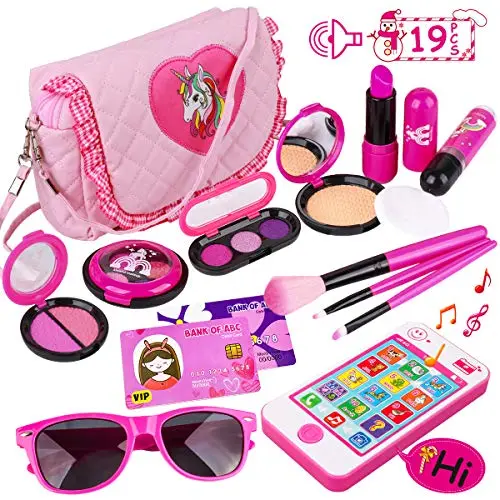 Kids Makeup Kit - Girl Pretend Play Makeup & My First Purse Toy for Toddler Gifts Including Pink Princess Purse, Smartphone, Sunglasses, Credit Card, Lipstick, Brush, Lights Up & Make Real Life Sounds