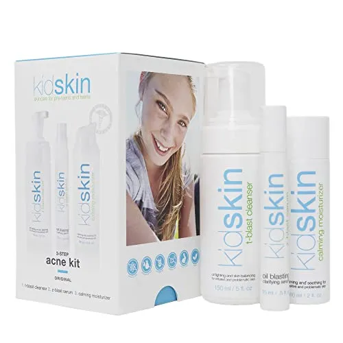 Kidskin - Three-Step Acne Treatment Kit for Kids, Tweens, Teens - Face Wash Cleanser - Serum - Moisturizer - Breakout Prevention for Boys or Girls. Perfect for Preteens - Made in USA