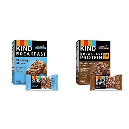 KIND Breakfast Bars, Blueberry Almond, Gluten Free, 1.8oz, 32 Count & Breakfast Protein Bars, Dark Chocolate Cocoa, Gluten Free, 1.76oz, 32 Count