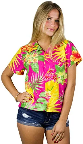 King Kameha Funky Hawaiian Blouse Shirt, Shortsleeve, Pineapple, Pink, L