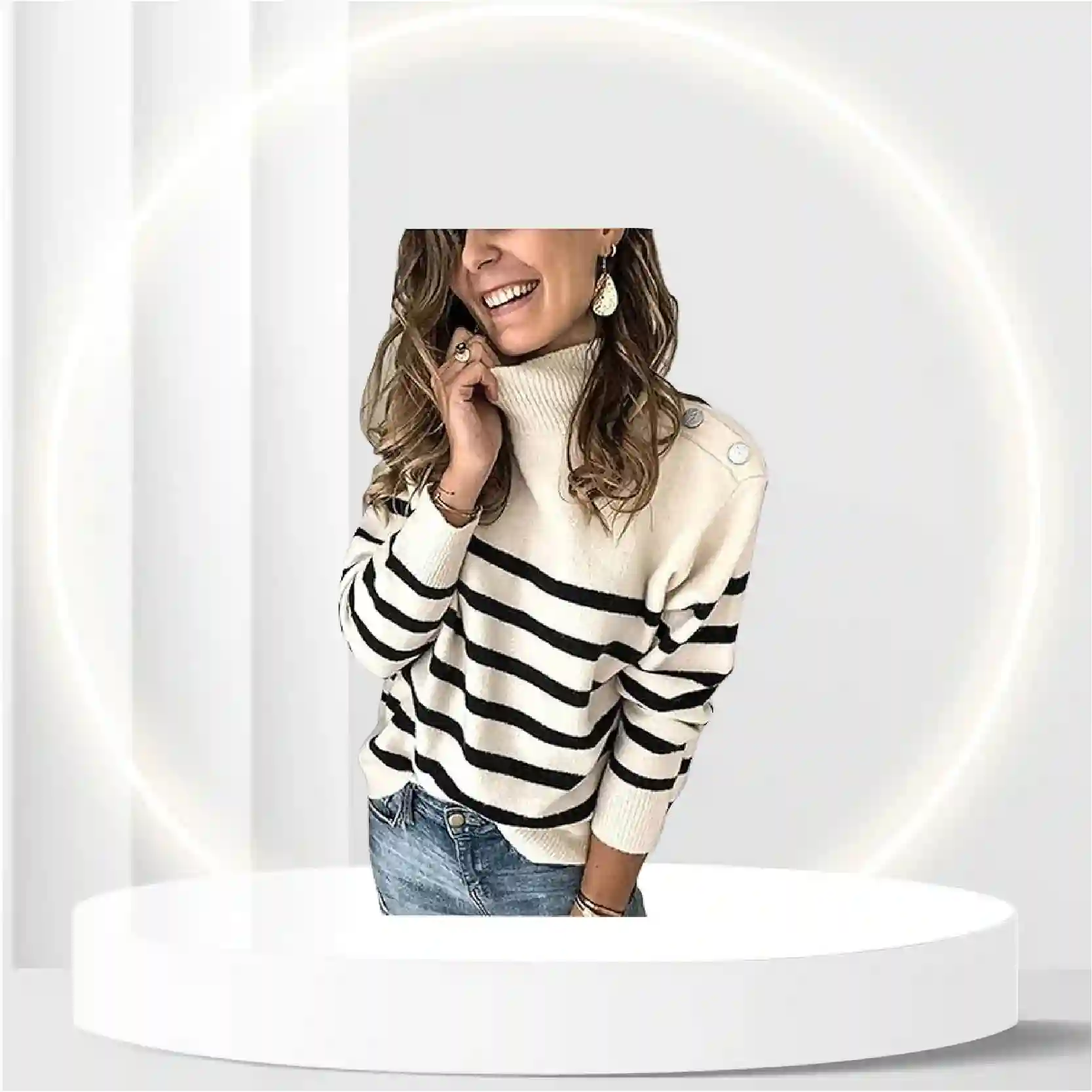 KIRUNDO Women's 2023 Fall Winter Long Sleeve Knit Sweater Turtleneck Striped Loose Pullover Tops Deco with Metal Buttons(Large, White)