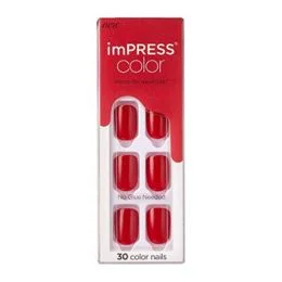 KISS imPRESS Color Press-On Manicure, Gel Nail Kit, PureFit Technology, Short Length, âReddy or Notâ, Polish-Free Solid Color Mani, Includes Prep Pad, Mini File, Cuticle Stick, and 30 Fake Nails