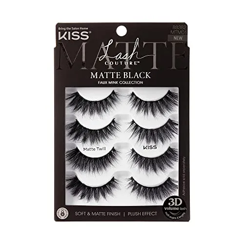 KISS Lash Couture Matte Black Faux Mink Eyelashes Multipack, Matte Twill, Black, Natural Looking, Cruelty-Free & Vegan, Holds Curl, Comfortable, Seamless, Knot-Free Band | 4 Pairs