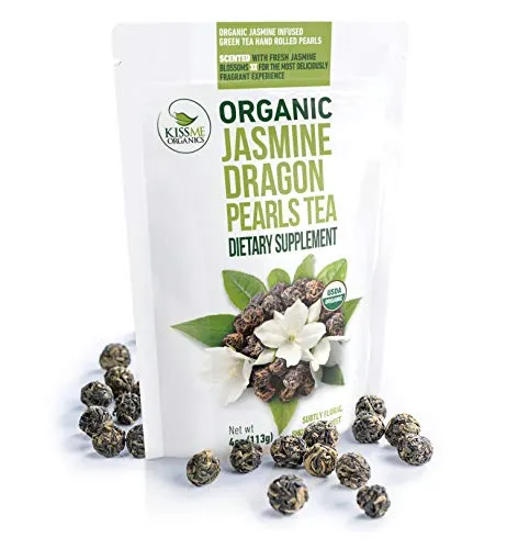 Kiss Me Organics Jasmine Tea - Organic Jasmine Dragon Pearls Loose Leaf Green Tea, 4 Ounces