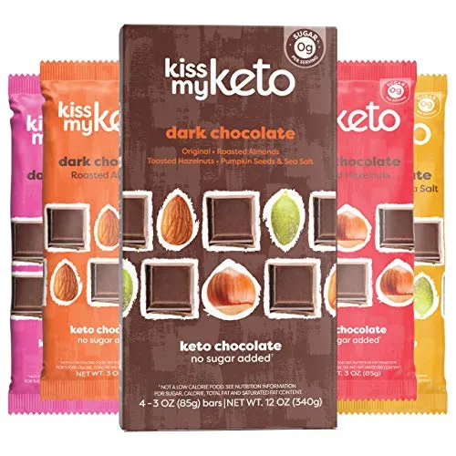 Kiss My Keto Chocolate ï¿½ Low Carb 100% Sugar Free Chocolate Bars | Variety Pack, 8 Bars | Keto Dark Chocolate | No Soluble Corn Fiber, Stevia Sweetened, 1g Net Carb