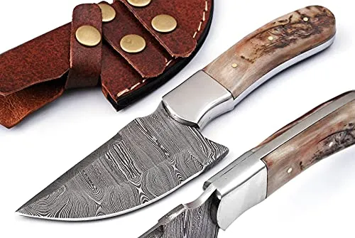 Knives for less DHR-1021 Custom Hand Made Damascus Steel Hunting Knife-1-Piece With Horn Ram Scale