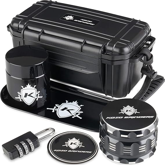 KOZO Premium Black Box with Original Grinders, Tray, and UV Jar. Built-in Lock & Keys - Decorative Storage Box Set - Perfect for Your Accessories (Rustic)