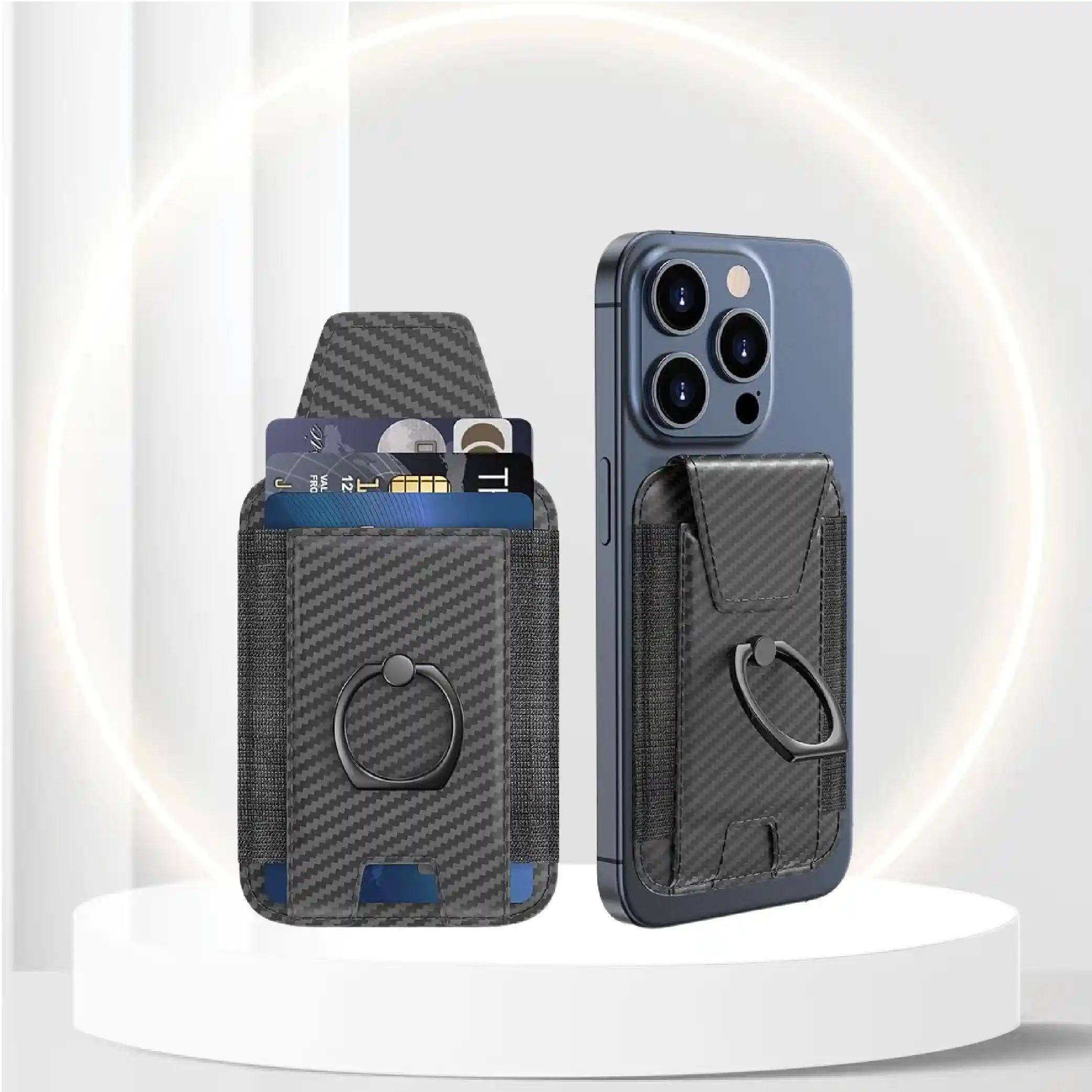 KPNEOL Magnetic Wallet Card Holder for iPhone 15/14/13/12 Series, 360Â°Rotation Finger Ring Kickstand, RFID Blocking, Store 7 Cards, Cell Phone Sleeves Mag-Safe Wallet Carbon Fibre Black
