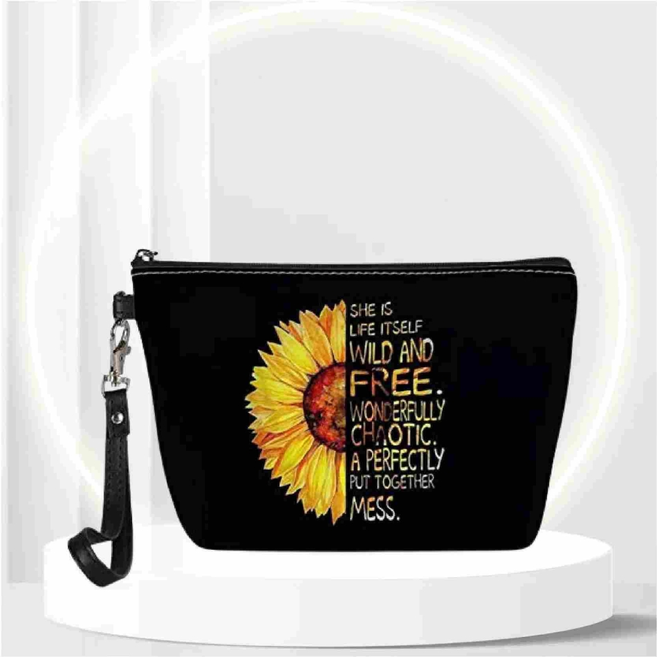 KUIFORTI Half Sunflower and Inspiring Words Print Cosmetic Bag for Women Makeup Bags Travel Waterproof Toiletry Kit Case Tools Organizer Pouch