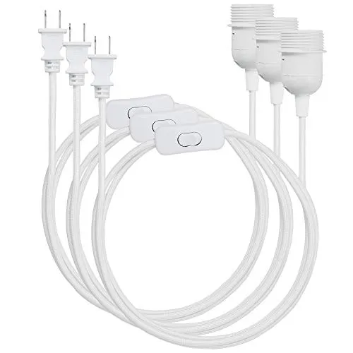 kwmobile Plug-in Light Cord (Pack of 3) - 20ft Long Fabric Pendant Lamp Cable with Plug, Switch, E26 Socket - for Hanging DIY Ceiling Lighting - White