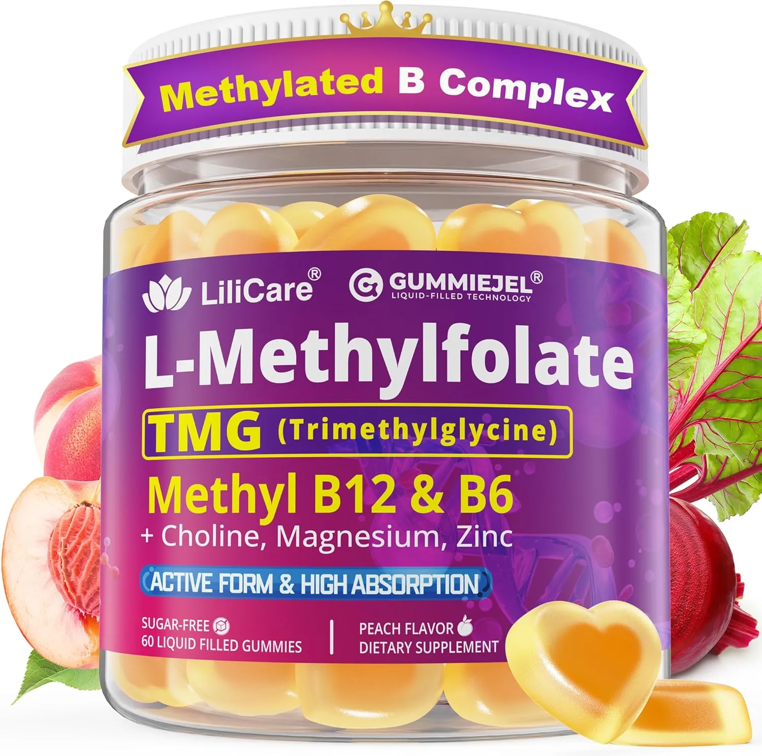 L Methyl Folate 15mg 7.5mg and B12 1000 mcg Gummies Methylated B Complex plus TMG Magnesium Choline Active 5 MTHF B9 plus Methyl B12 B6 Multivitamin Support Methylation Cognition Mood Sugar Free