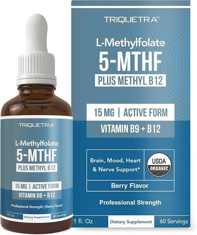 L Methyl Folate 15mg Plus Methyl B12 Cofactor  Organic Berry Flavor, High Potency Liquid Sublingual Active 5-MTHF Form  Supports Mood, Methylation, Cognition  Bioactive Forms Vitamin B9 & B12 (1oz)