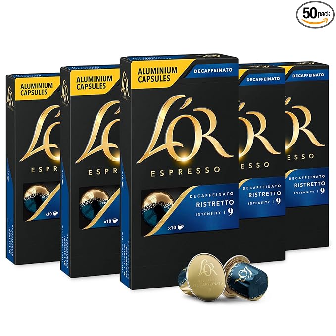 L'OR DECAF Espresso Capsules, 50 Count DECAF Ristretto, Single-Serve Aluminum Coffee Capsules Compatible with the L'OR BARISTA System & *Nespresso Original Machines