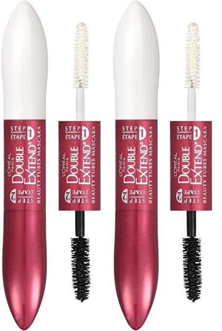 LOreal Paris Makeup Double Extend Beauty Tubes Lengthening Mascara Blackest Black (Pack of 2)