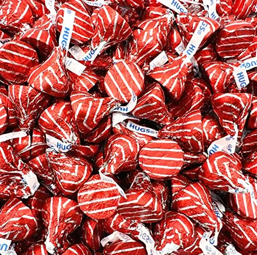 LaetaFood HERSHEY'S HUGS Candy, Milk Chocolate White Creme, Red Striped Foil, Bulk (2 Pound Bag)