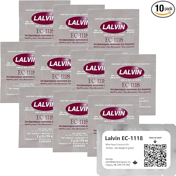 Lalvin EC-1118 Wine Yeast (10 Pack) - Champagne Yeast - Make Wine Cider Mead Kombucha At Home - 5 g Sachets - Saccharomyces cerevisiae - Sold by CAPYBARA Distributors Inc.