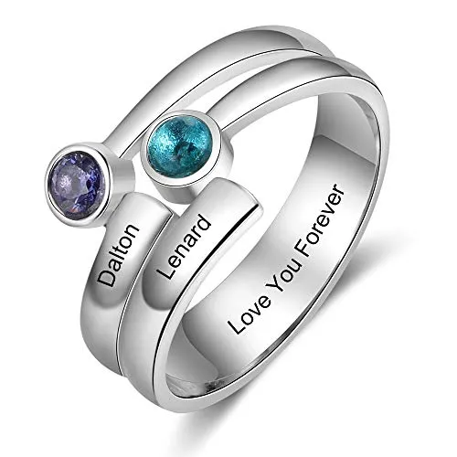 Lam Hub Fong 925 Sterling Silver Personalized Mothers Ring 2 Simulated Birthstones Promise Rings for Her Name Rings for Women (9)