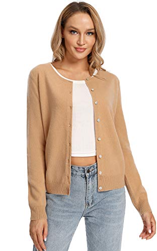LANPULUX Women's Camel Long Sleeve 100% Merino Wool Cardigan Lightweight Crewneck Sweater-M