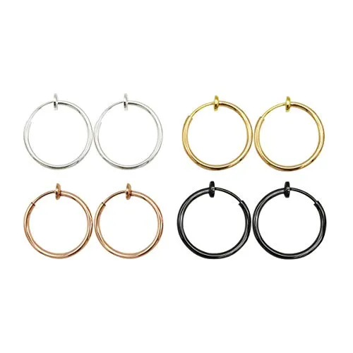 Lanxy Clip On Earrings Gold Silver Black Rose Gold 4PCS 0.59IN(15mm) Stainless Hoop Earrings Clip On Earrings for Women Girls No Piercing