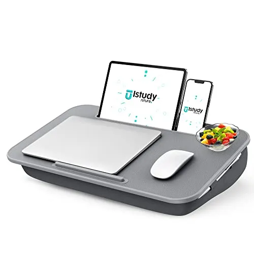 Lap Desk, Portable Laptop Lap Desk with Pillow Cushion, Fits up to 17 inch Laptop, Laptop Stand with Device Ledge and Phone Holder, for Home Office, Gray, ISTUDYNITURE