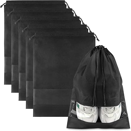 Large Black Travel Shoe Bags - 5 Pcs with Clear Window, Non-Woven Drawstring, 12.6