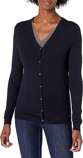 Lark & Ro Women's Long Sleeve V Neck Cardigan, Navy,Large