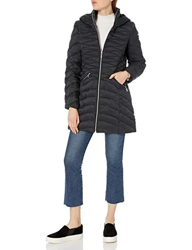 LAUNDRY BY SHELLI SEGAL Women's Lightweight Curve Quilted Puffer Jacket, Black, Medium
