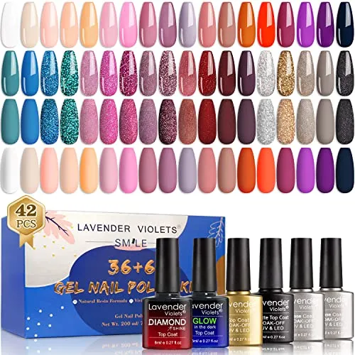 Lavender Violets 42 Pcs Gel Nail Polish Set, Gel Nail Kit with 36 Gel polish Colors Coat, 6 Bottles of Base top Coat, Glossy Matte Diamond Shine Glow in the Dark Top Coat for Nail Art C502