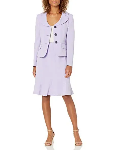 Le Suit Women's 3 Button Notch Collar Stretch Crepe Flounce Hem Skirt Suit, Lilac, 18