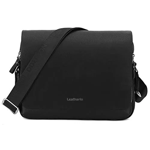 Leathario Men PU Shoulder Bag Small Men Messenger Bag Crossbody Satchel Bag ipad Bag for Men (Black-L)