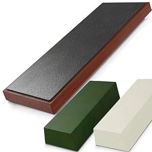Leather Strop and Stropping Compound Set ï¿½ Complete Knife Strop Block Kit for Sharpening Knives and Chisels with Green & White Honing Compounds for Chef Level results