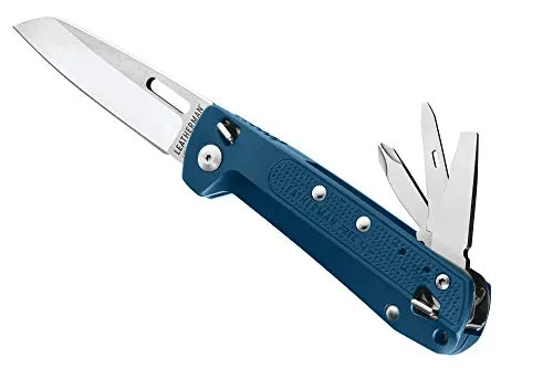 LEATHERMAN, FREE K2 EDC Pocket Knife and Multitool with Magnetic Locking, Aluminum Handles and Pocket Clip, Built in the USA, Navy Blue