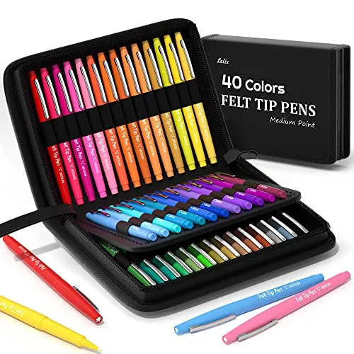 Lelix 40 Colors Felt Tip Pens with Case, Colored Pens, Medium Point Felt Pens, Felt Tip Markers Pens for Journaling, Writing,Drawing, Note Taking, Planner, Perfect for Art Office and School Supplies