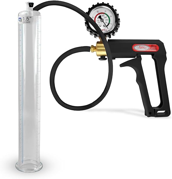 LeLuv Black Maxi Penis Pump with Rubber Protected Gauge Premium Silicone Hose Kit 12 inch Length x 1.50 inch Diameter Cylinder