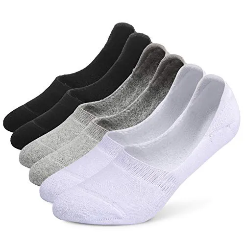 Leotruny 6 Pairs Unisex Thick Cushion Athletic Cotton Non Slip Low Cut Falt Liner No Show Socks (Women shoe size:5-8.5, C01-Black/White/Light Gray)