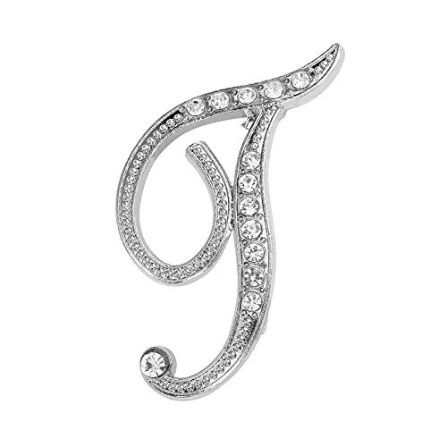 Letters Brooch Pin, Mosunx A-Z 26 Letters Brooches Silver Plated Metal Broaches Pins, Clear Crystal Initial Breastpin (T)