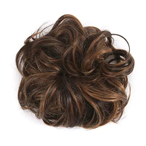 LHFLIVE Messy Hair Bun Extensions Hair Scrunchies Donut Chignons Hairpiece Curly Wavy Updo Hair Pieces, Dark Brown Mix Light Auburn, Medium