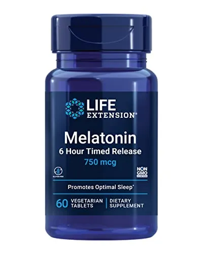 Life Extension Melatonin 6 Hour Timed Release, 750 mcg, Extended-Release Formula for Gentle Sleep Support, Healthy circadian Rhythms, Cellular Defense, Gluten-Free, Non-GMO, Vegetarian, 60 Tablets