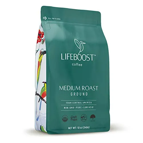 Lifeboost Coffee Ground Medium Roast Coffee - Low Acid Single Origin USDA Organic Coffee - Non-GMO Ground Coffee Third Party Tested For Mycotoxins & Pesticides - 12 Ounces