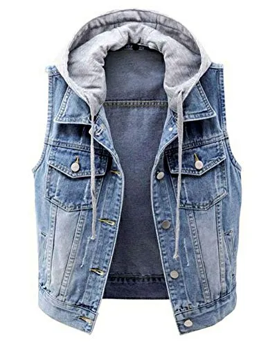 LifeShe Women's Casual Denim Vest Detachable Hoodie Distressed Jean Jacket Coat Light Blue
