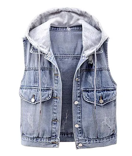 LifeShe Women's Girls Sleeveless Denim Vest Jean Jacket with Removable Hood Grey