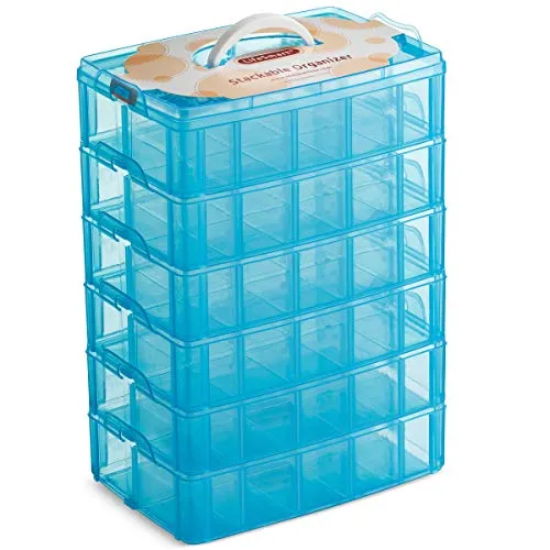 LifeSmart USA Stackable Storage Container Blue 60 Adjustable Compartments Compatible with Lego Dimensions Shopkins Littlest Pet Shop Arts and Crafts and More (Standard 6 Tier)