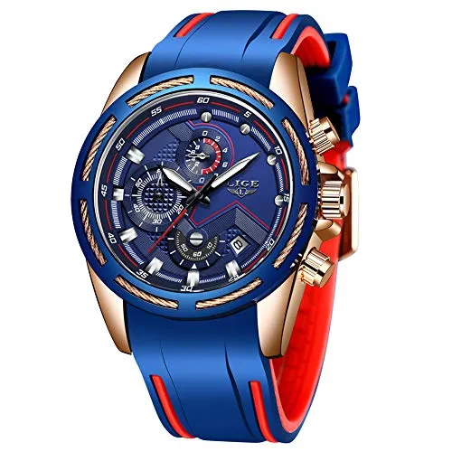LIGE Men's Watch Fashion Elegant Waterproof Silicone Business Analog Quartz Male Watches Chronograph Luxury Classic Blue Belt Date Calendar Gents Wristwatch